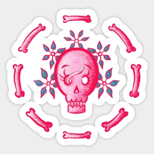 Funny Pink Skull With Flowers And Bones Sticker